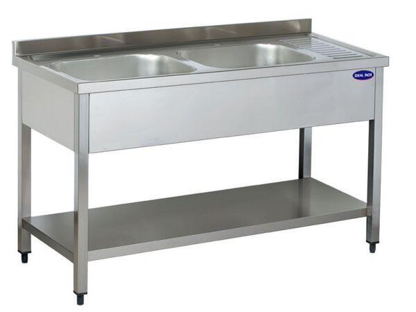 Spalator inox 2 cuve pe stanga, polita inferioara si picurator, Ideal Inox,1400x700x850, AISI 304