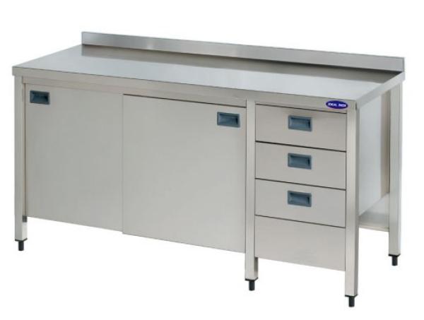 Masa inox cu rebord, polita inferioara, usi glisante si sertare, Ideal Inox, 1500x600x850, AISI 304