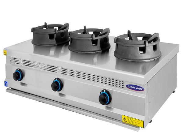 Aragaz cu trei focuri tip wok, Ideal Inox, suport vesela din fonta