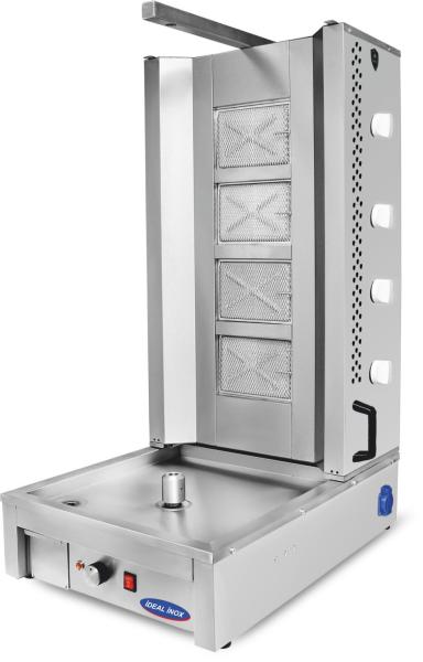 Aparat shaorma / kebab cu 4 arzatoare si motor jos , Ideal Inox, Gaz Natural, TAVA INCALZITA