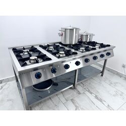Aragaz profesional alimentat la gaz natural cu 8 focuri si polita, 2000x1000x850